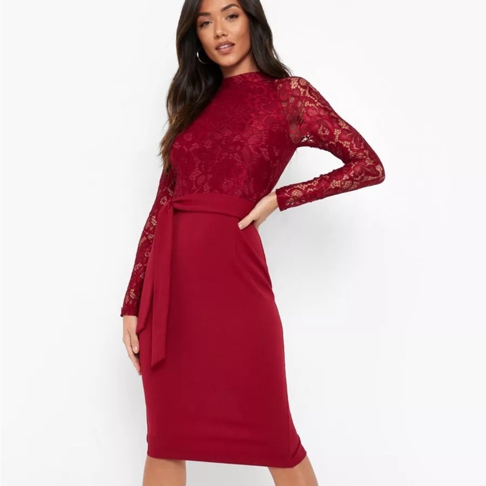 HIGH NECK LONG SLEEVE LACE MIDI DRESS